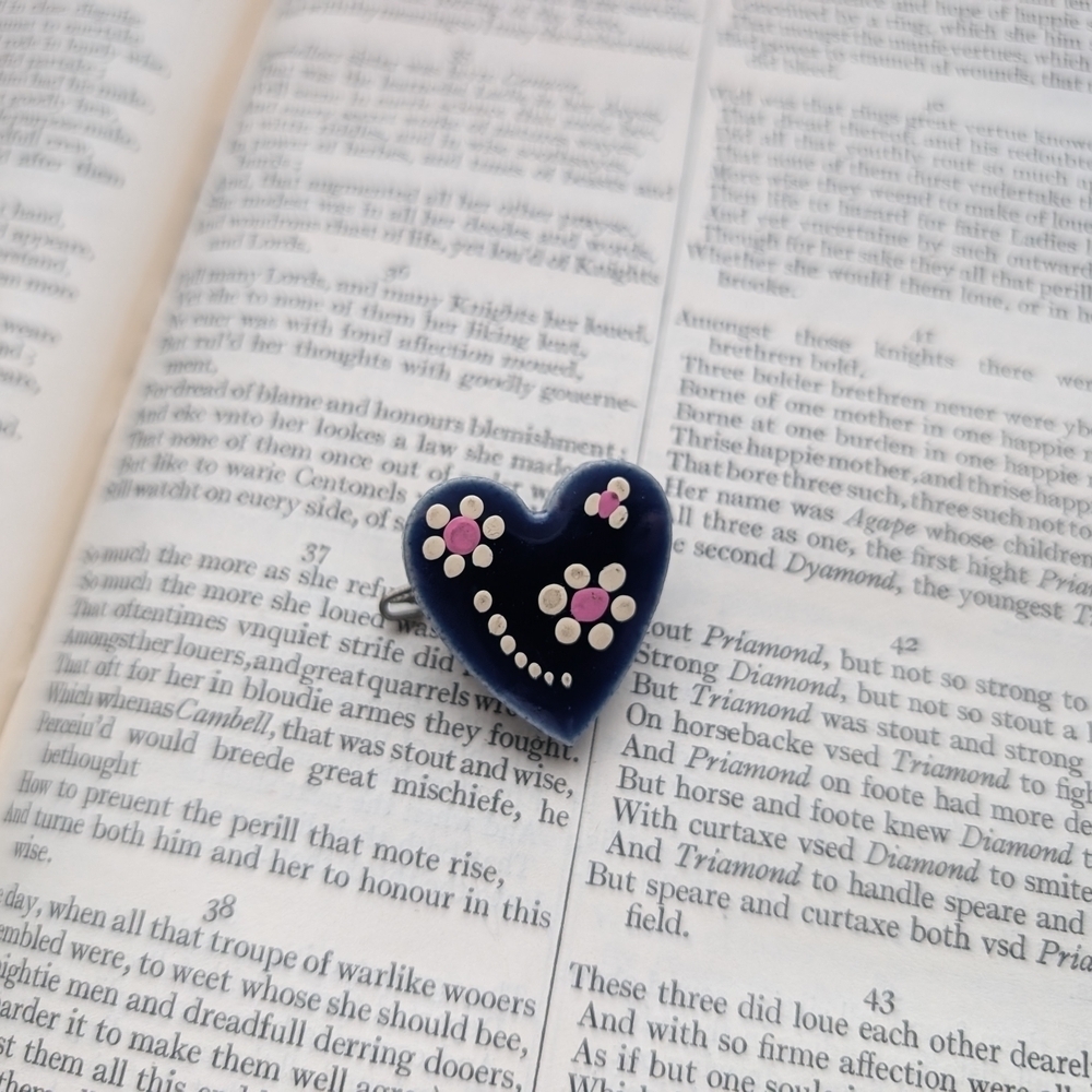 Heart-Shaped Blue Enamel Pin with Pink and White Dots